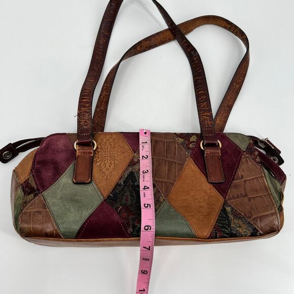 Fossil Patchwork Tooled Leather Shoulder Bag Purse baroque neutral hand bag - Picture 3 of 12